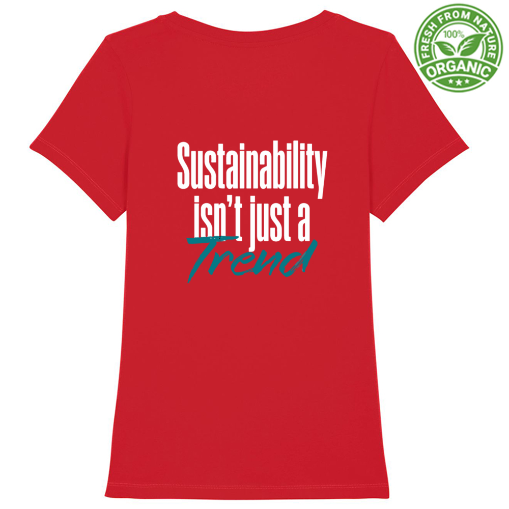 T-shirt Premium Donna - Cotone Biologico - "Sustainability isn’t just a Trend" - Colori Scuri - Doppia Stampa